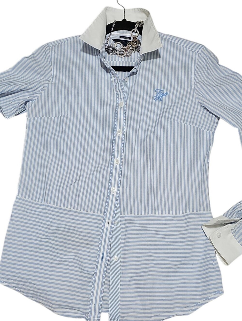 Tommy Hilfiger Blue and White Striped Dress Shirt